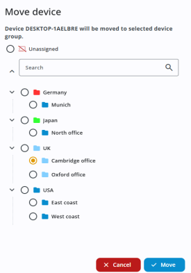 Move device screen showing device DESKTOP-1AELBRE being reassigned to a selected device group. A list of locations is shown with expandable folders: Germany (Munich), Japan (North office), UK (Cambridge and Oxford offices), and USA (East and West coasts). The Cambridge office is selected. There are Cancel and Move buttons at the bottom.